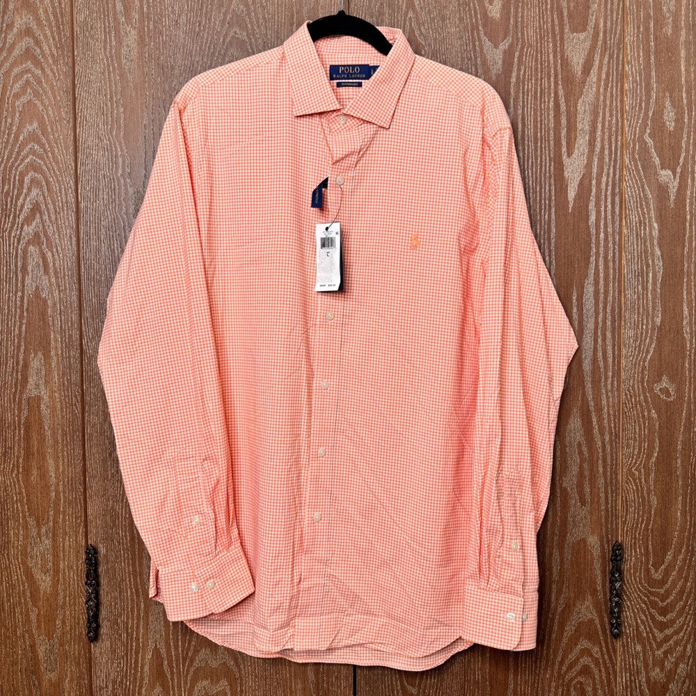 Polo Ralph Lauren Mens Performance Gingham Button Down Shirt Orange Large NEW - Picture 2 of 9